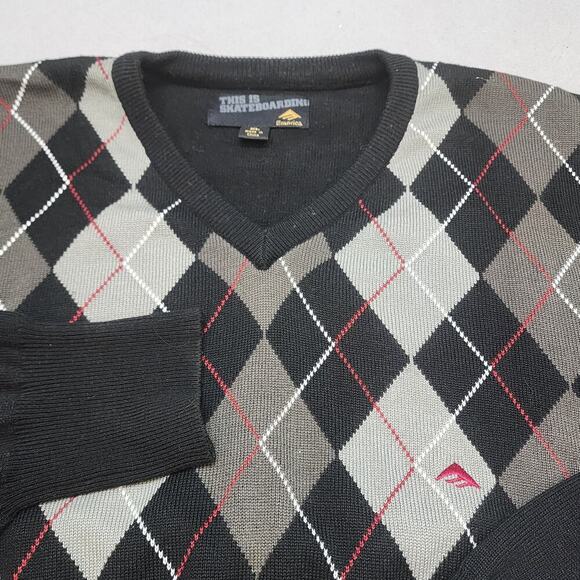 2000s Emerica Skateboarding Freshman Argyle V-neck Sweater Men's Sz XL‎ - Picture 4 of 6